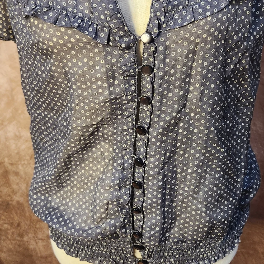 Twenty One Gray Printed Ruffle Blouse – Button Front Sheer Detail Top – Size L